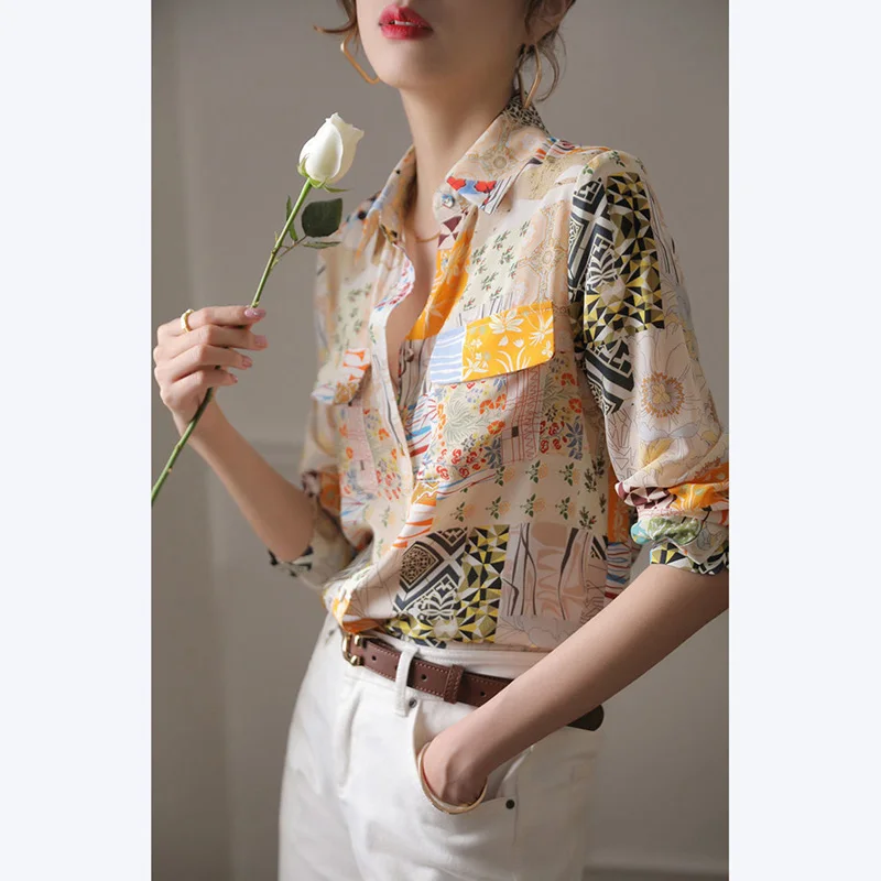 Vintage Printed Lapel Button Pockets Floral Shirt 2022 Autumn New Loose Korean Women's Clothing Long Sleeve Commute Blouses