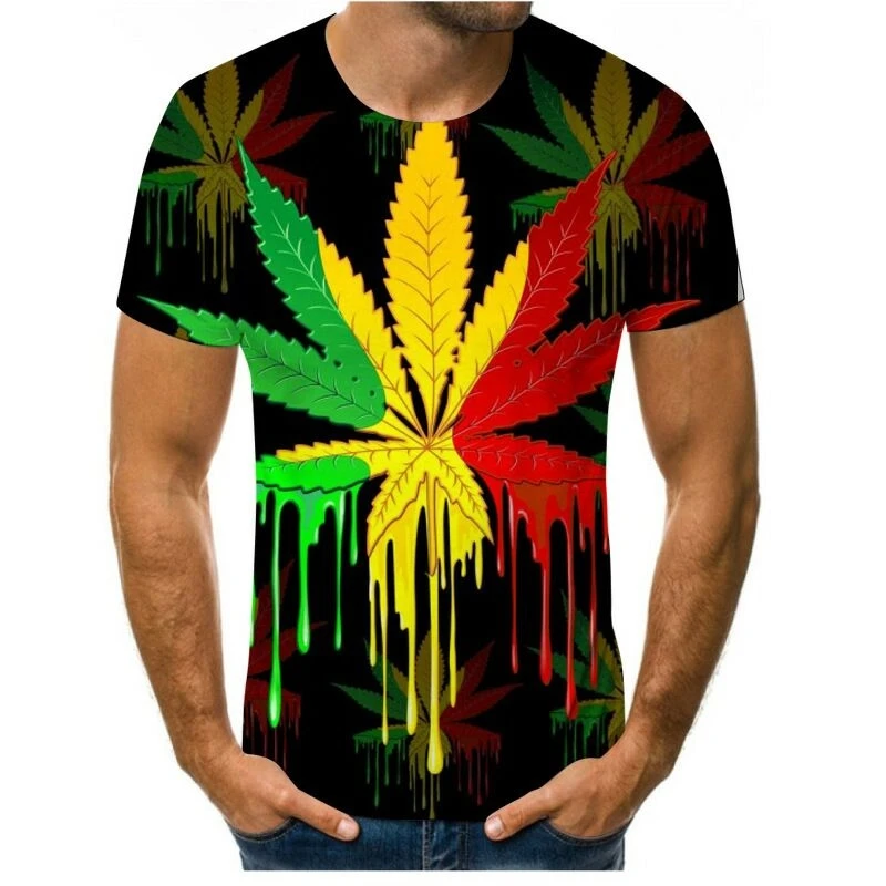 

2022Summer new 3D printing green hemp leaf silk tobacco T shirt short sleeve O collar street casual short sleeve Oversized