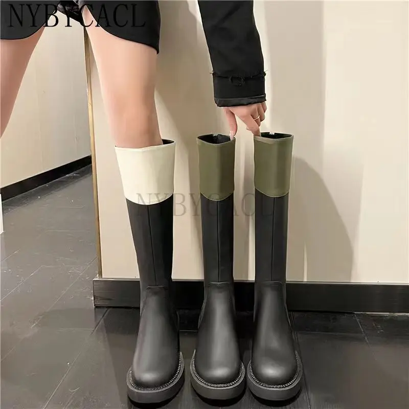 Fall Winter Women's Long Boots Leather Zip Shoes For Women Square Heel Female Fashion Platform High Heeled Botas Mujer New 2023