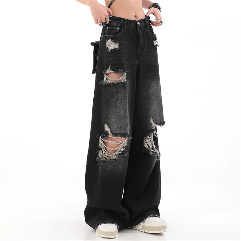 

Japanese Y2K Baggy Jeans Pants Women High-Waist Irregular Holes Design Straight Leg Jeans Men's Clothing New Summer Trousers XS