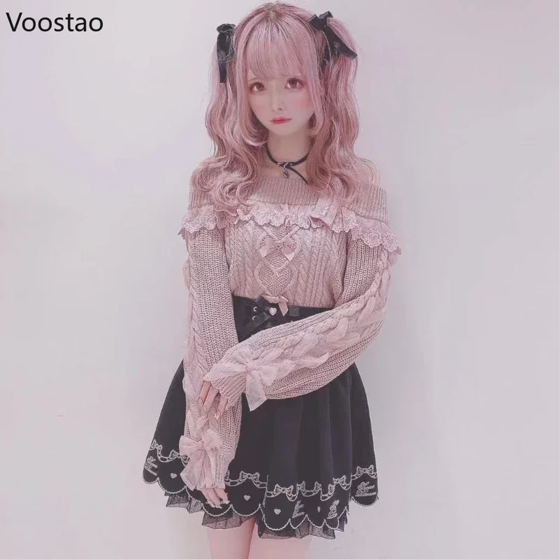 Vintage Sweet Lolita Style Knitted Pullover Autumn Girls Cute Off Shoulder Lace Ruffles Bow Sweater Women Harajuku Knitwear Tops 4