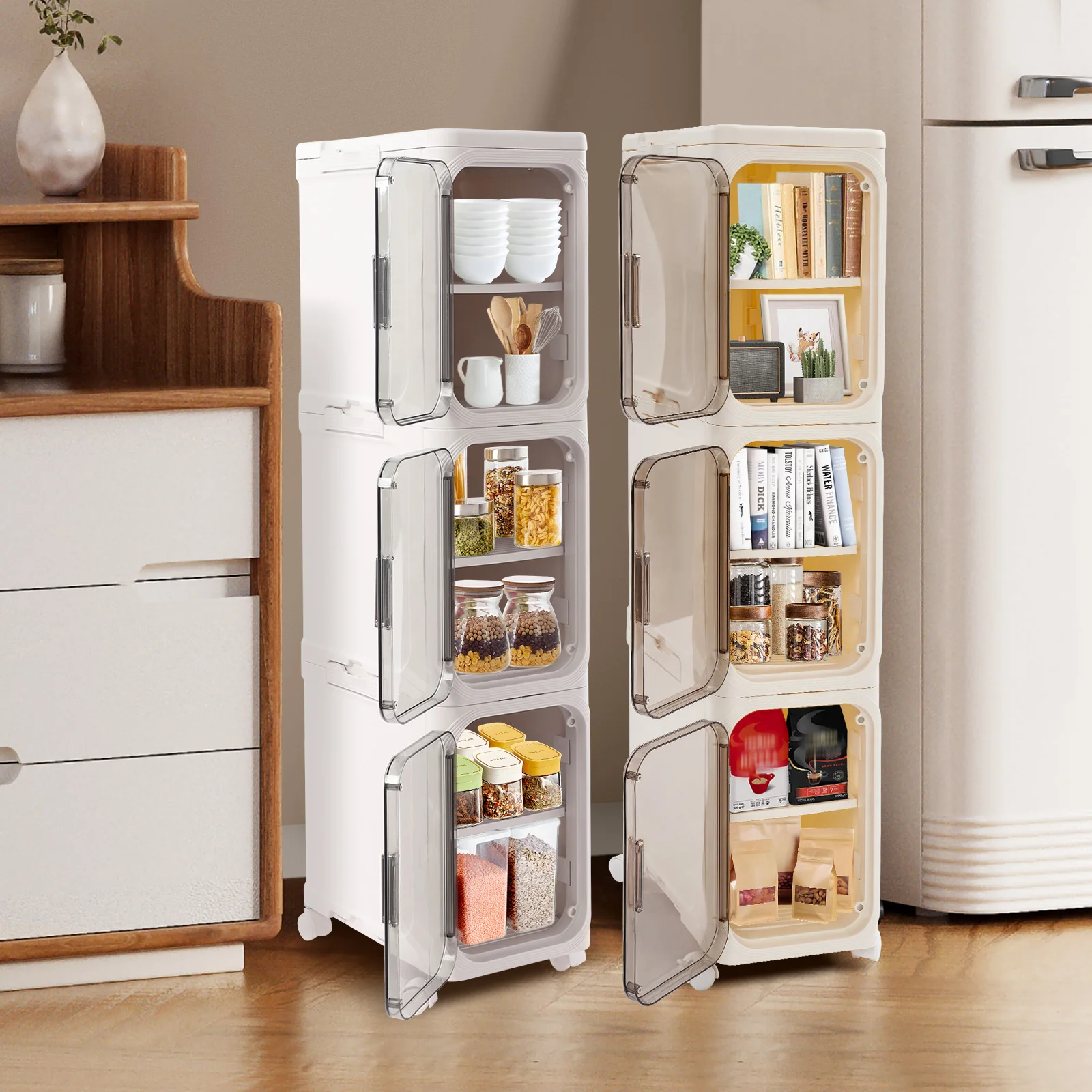 3-tier Slim Bathroom Storage Cabinet,Narrow Floor Standing Storage Cabinet, White/Beige Storage Cabinet with 4* Universal Wheels