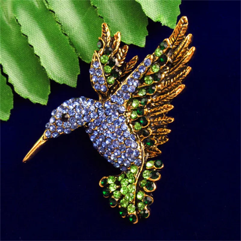 

Blue Green Rhinestone Hummingbird Brooches Women Men Vintage Animal Brooch Pins Gifts ZY203