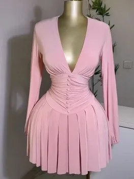Women's Party Mini Dress 2025 Spring/summer Latest Casual Sexy Plunge Ruched Lantern Sleeve Button Daily A Line Short Skirt 1