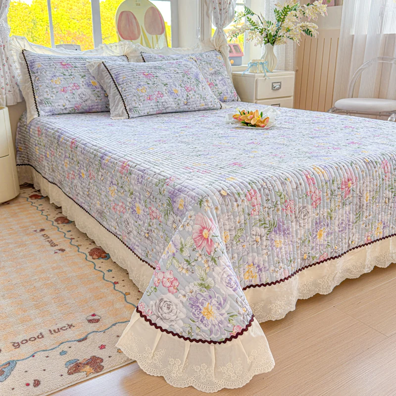 1pc 침대보 또는 3pcs 침대 커버 세트 공주 프릴 꽃 프린팅 두꺼운 침대 시트 매트리스 커버 싱글 더블 침대용