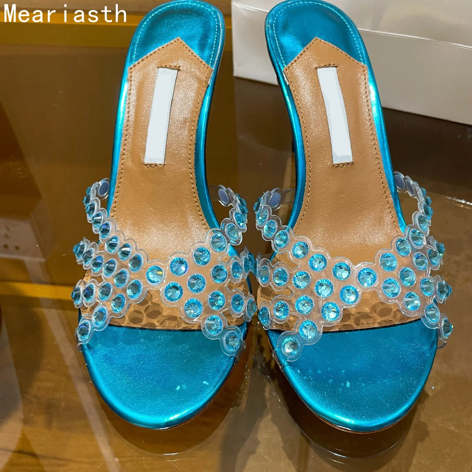 

2023 Studded Crystals PVC Slippers Peep Toe Clear Shoes For Women High Heels Gladiator Stiletto Green Hollowed Sandals Woman