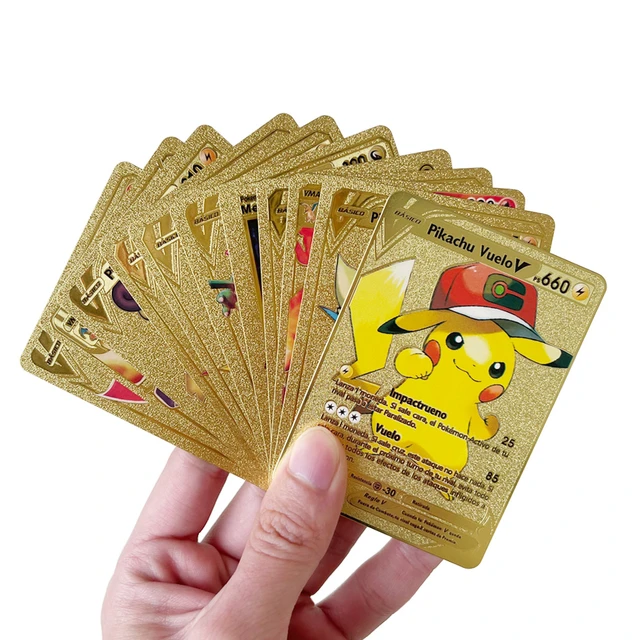 Boîte à cartes Pokémon en métal doré, lettre dorée, cartes à jouer  espagnoles, Metalicas Charizard, série