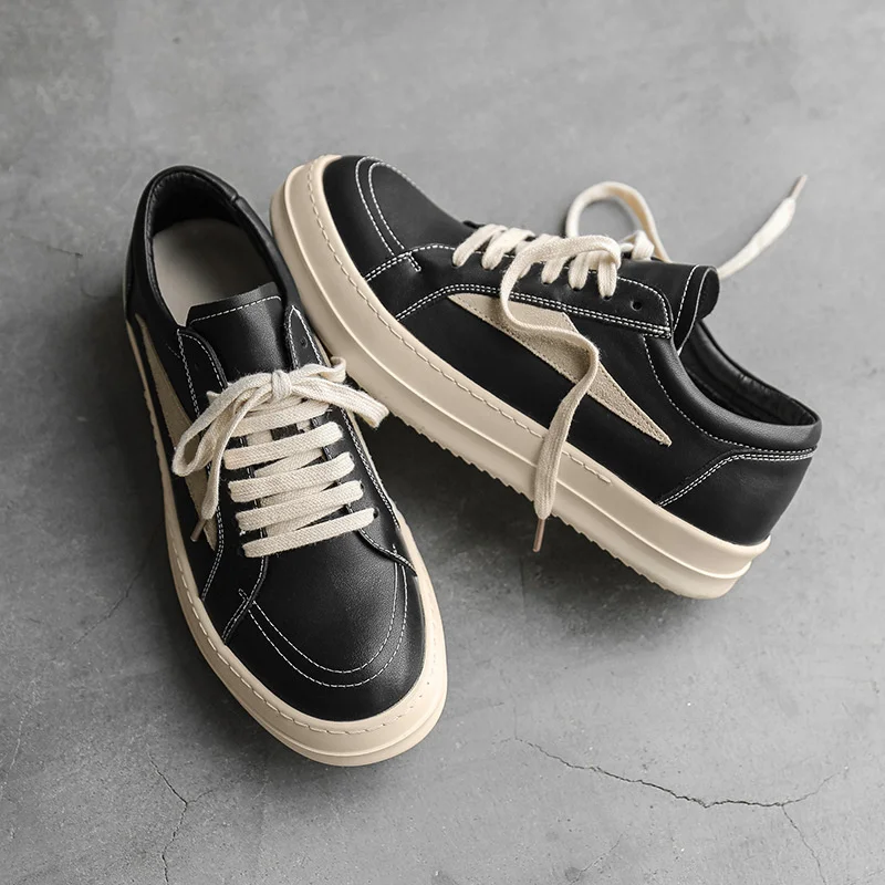 New Leather Student Couple Shoes Flat Black Fashion Trend All-match Casual Thick Baseplate Sneakers Comfort Lace-up Trainers
