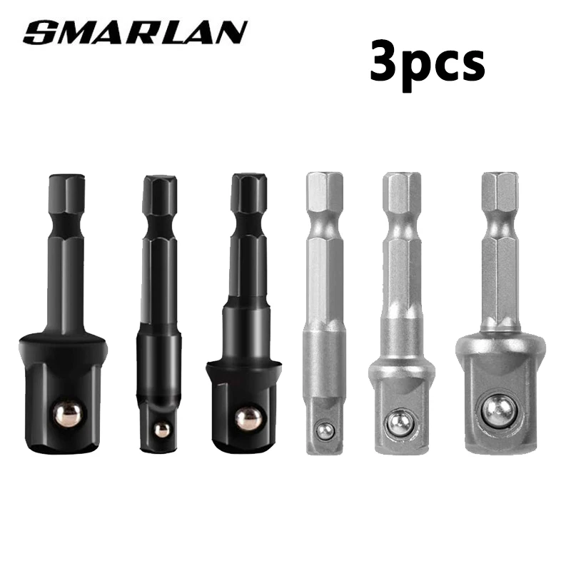 

3pcs Impact Socket Adapter 1/4 3/8 1/2 Inch Nut Driver Sockets Hex Shank Extension For Screwdriver Handle Tool Kits Silver/Black