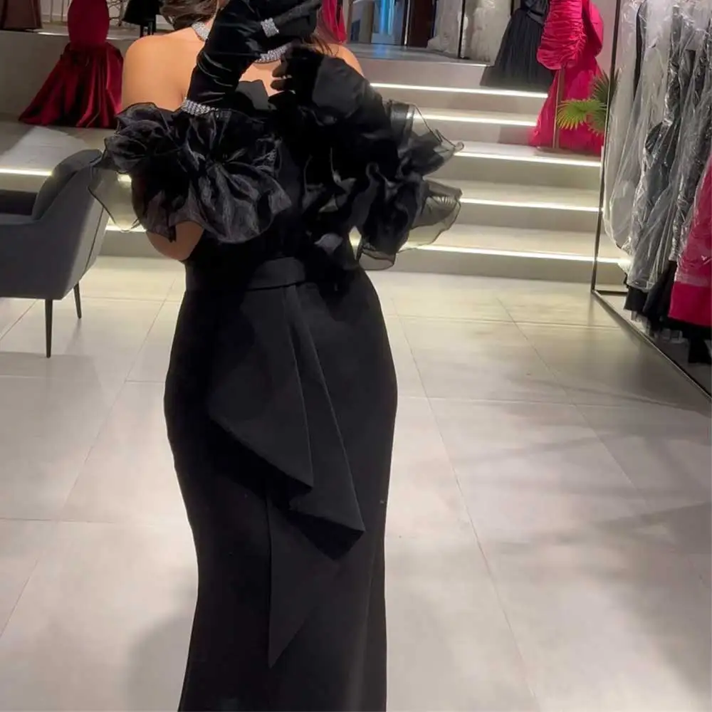 

Black Sheath Prom Gown Strapless Draped Floor Length Backless Sexy Women's Saudi Arabia Exquisite Evening Dress فساتين سهرة فخمه