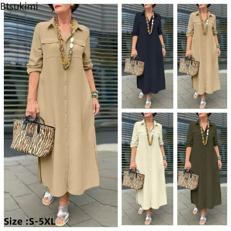 2025 Women's Elegant Long Dress Solid Oversized Button Polo Neck Casual Long Sleeve Dress Cotton Linen Single Breasted Robe 5XL