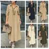 2025 Women's Elegant Long Dress Solid Oversized Button Polo Neck Casual Long Sleeve Dress Cotton Linen Single Breasted Robe 5XL