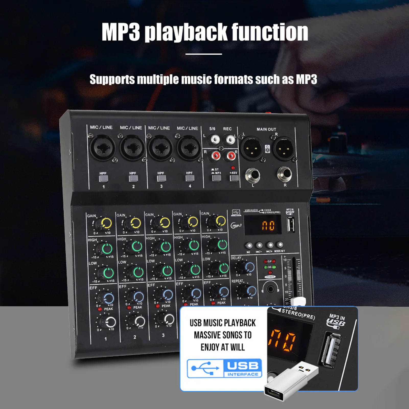 6 Channel Mini Sound Mixer DJ Controller with BT MP3 Player 48V Phantom ...