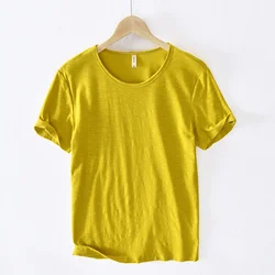 Men's Retro Raw Edge Lightweight Cotton T - Shirt - Slim Fit, Breathable Monochrome O - Neck Casual Top - 3XL -fits 88 - 95 kg (YELLOW)
