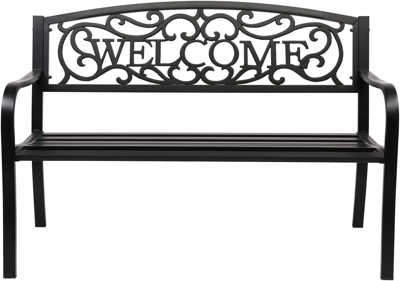 VINGLI Outdoor Bench for Patio Metal Garden Bench w/PVC Back Pattern, Steel Black Outdoor Bench Welcome