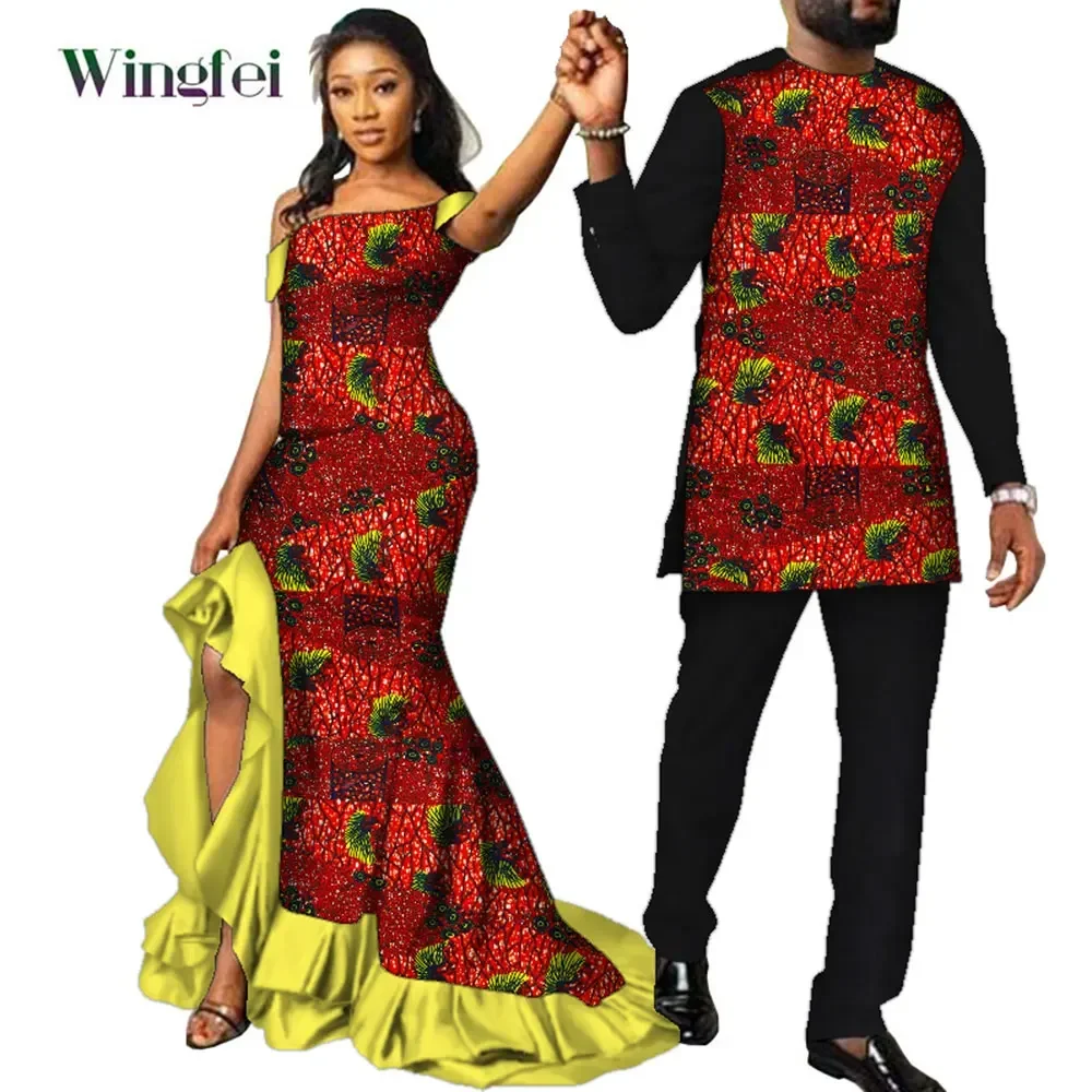 Fashion Couple Clothes African Ankara Print Women Maxi Long Dresses and Men Dashiki Suit African Clothes Lovers Outfit WY567