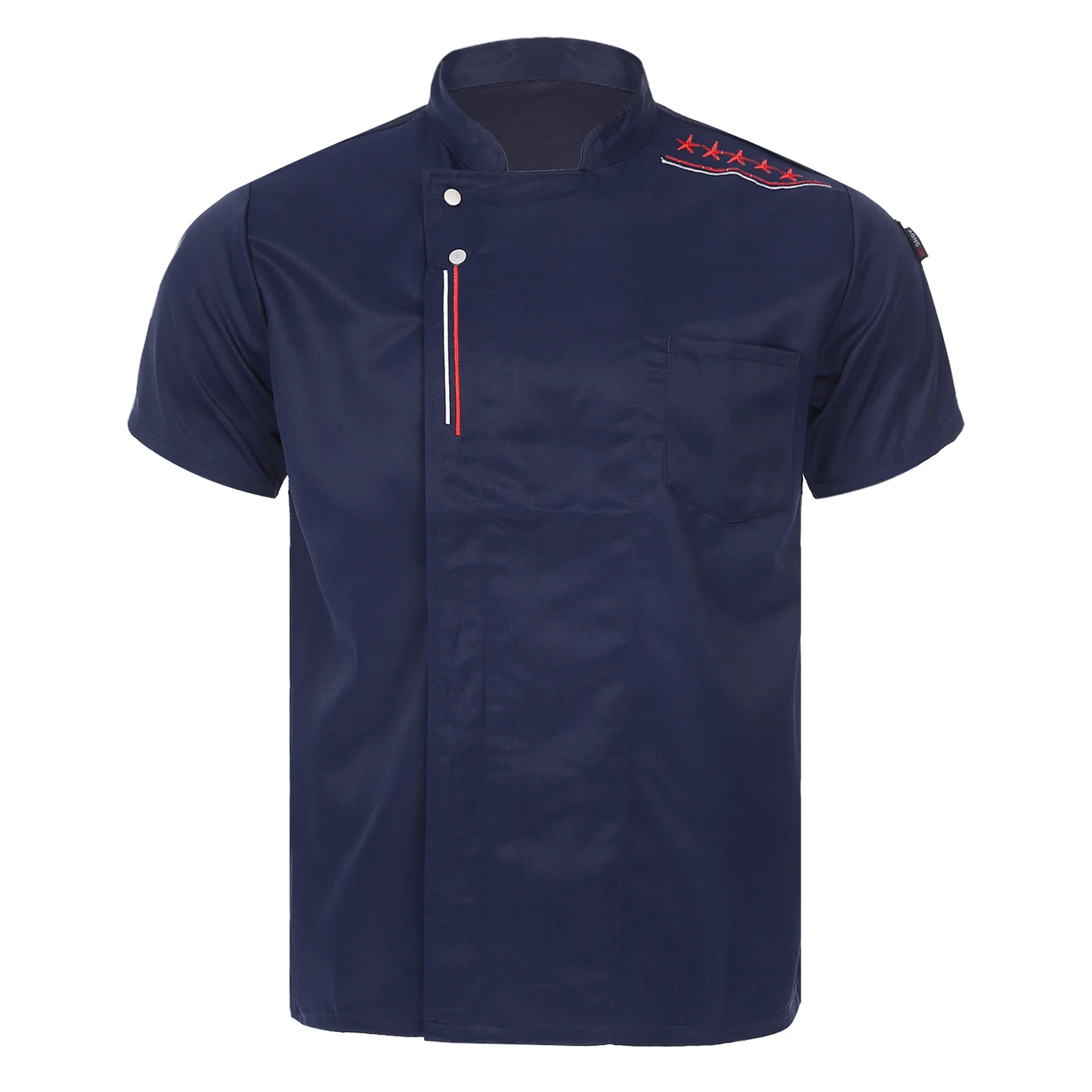 thumbnail image 1 of Chaqueta de chef con bordado de estrellas para hombre y mujer, manga corta, cuello alto, uniforme de cocina, ropa de trabajo para cocinar, hornear y restaurante, 1 of 5