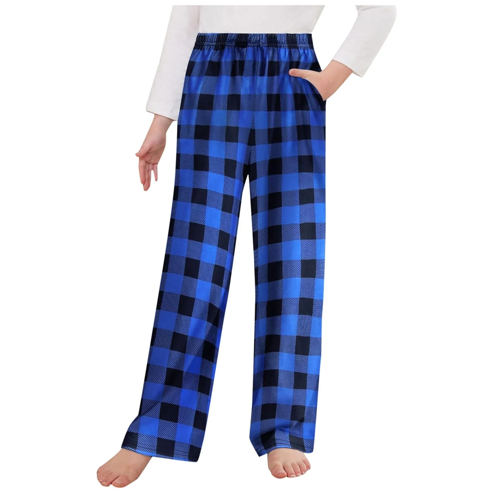 Y2k Style Autumn Plaid Print Pajamas Pants For Kids Girls Straight-Leg Soft Pj Bottoms Elastic Waist Block Color Homewear Pants