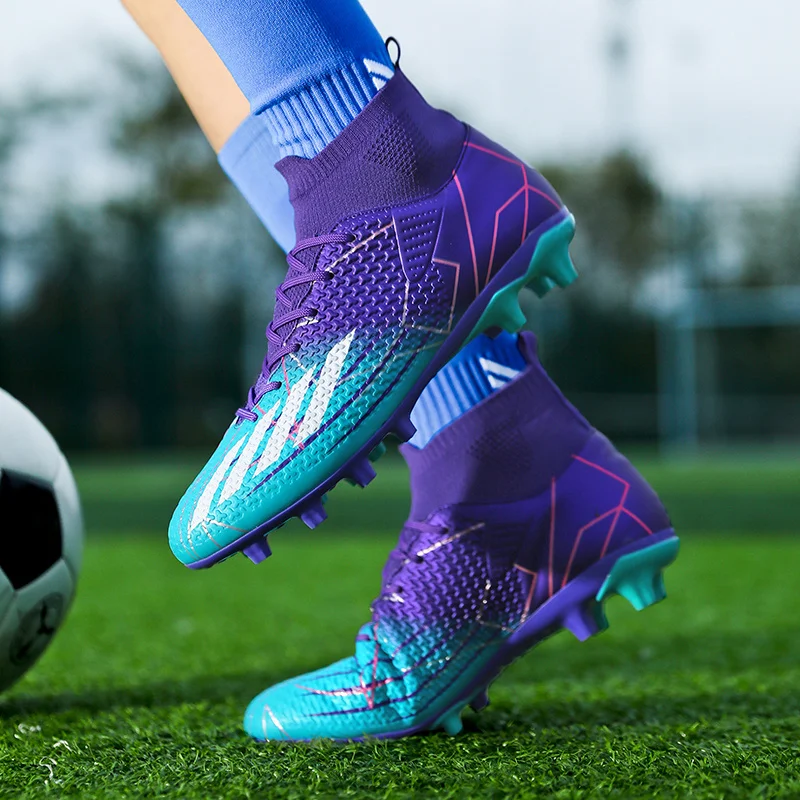 Fashion Branded Men's Soccer Shoes Outdoor Breathable Non-slip Football Boots Men Original Purple High Top Sneakers Futsal Man
