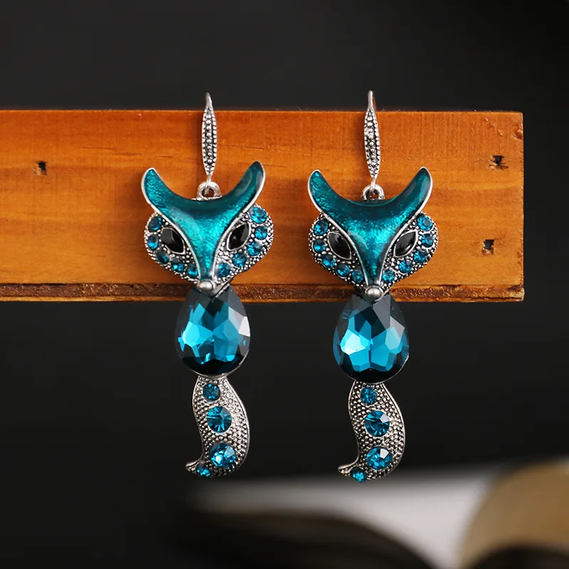 Punk Gothic Vintage Silver Color Fox Earrings for Women Fashion Long Exaggerated Crystal Rhinestone Animal Earrings Jewelry