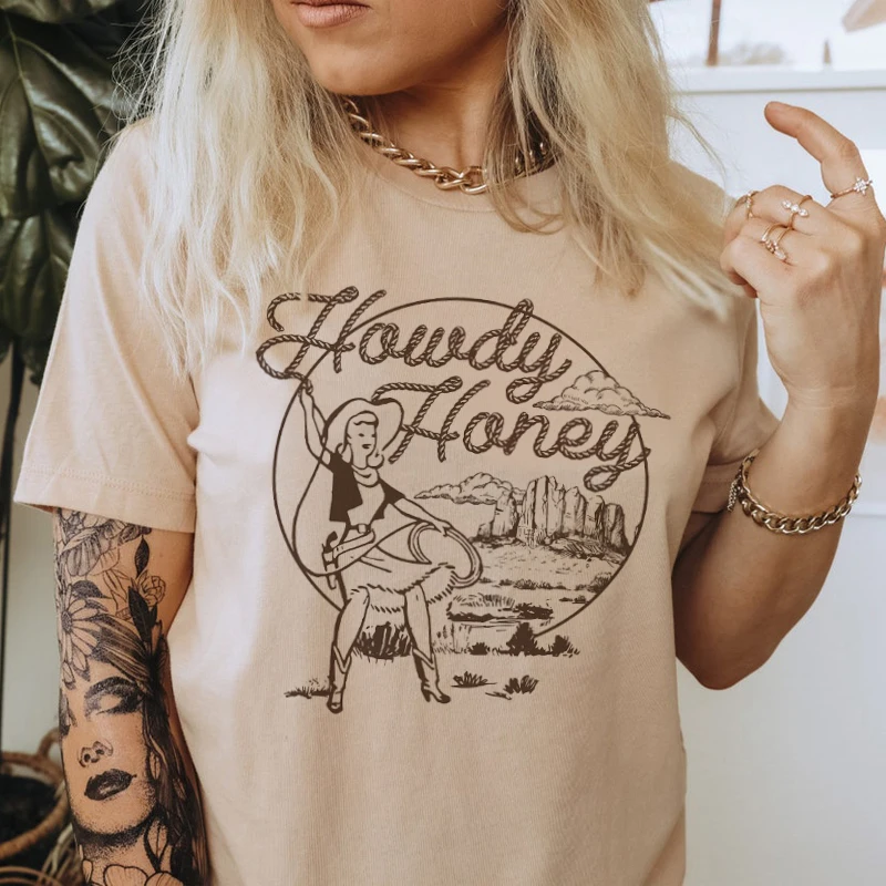 

Симпатичные футболки Howdy Honey Cowgirl с рисунком, женские ретро футболки с коротким рукавом, милая забавная футболка, винтажные Топы в стиле бохо