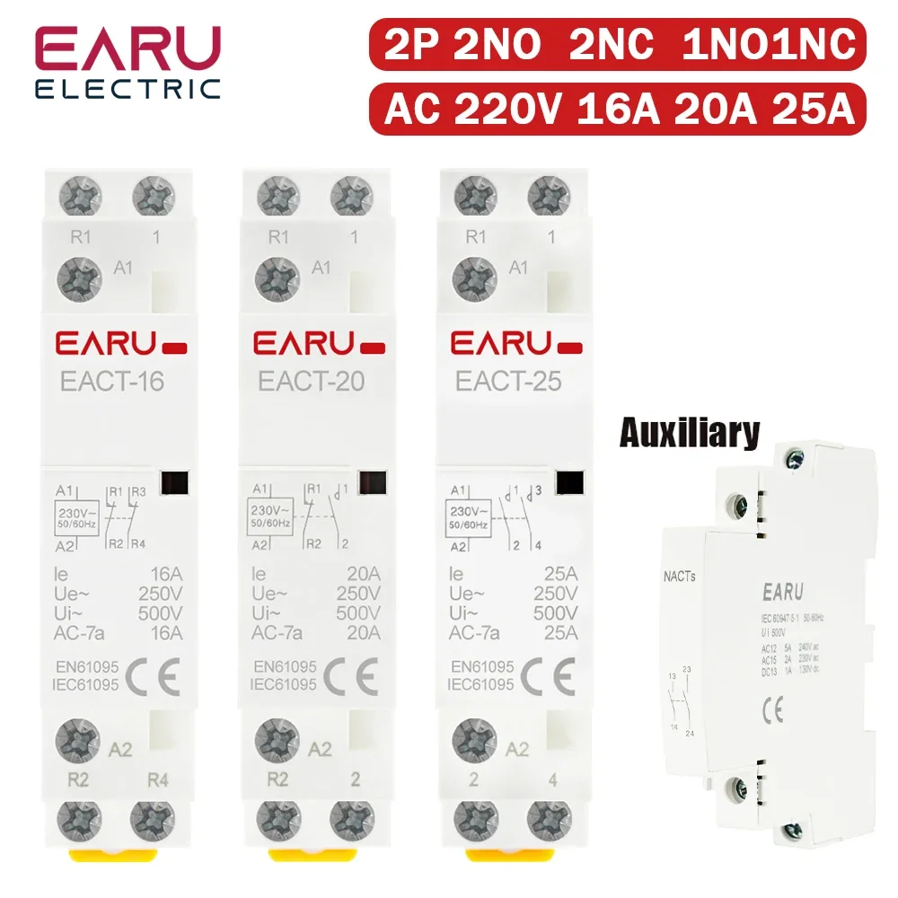 Contator Modular AC para Montagem em Trilho DIN, 2P 16A 20A 25A 2NO 2NC 1NO 1NC AC220V AC230V 50/60Hz para Casa Inteligente, Residências e Hotéis