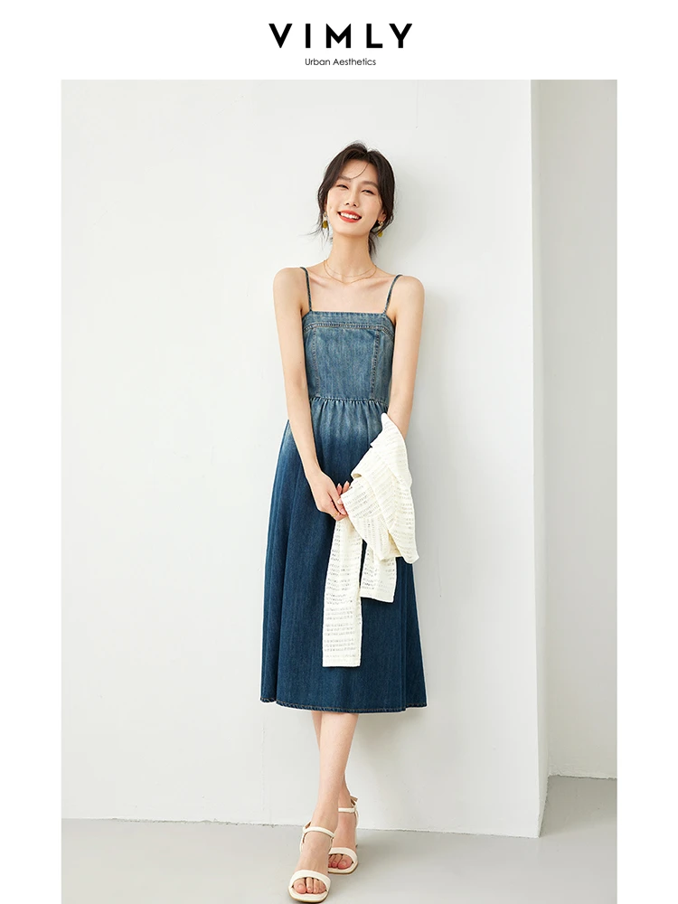 Vimly Spring Denim Dresses Set Women 2 Pieces Outfits White Hollow Out Knit Cardigan Gradient A-line Strap Midi Dress Sets 16562