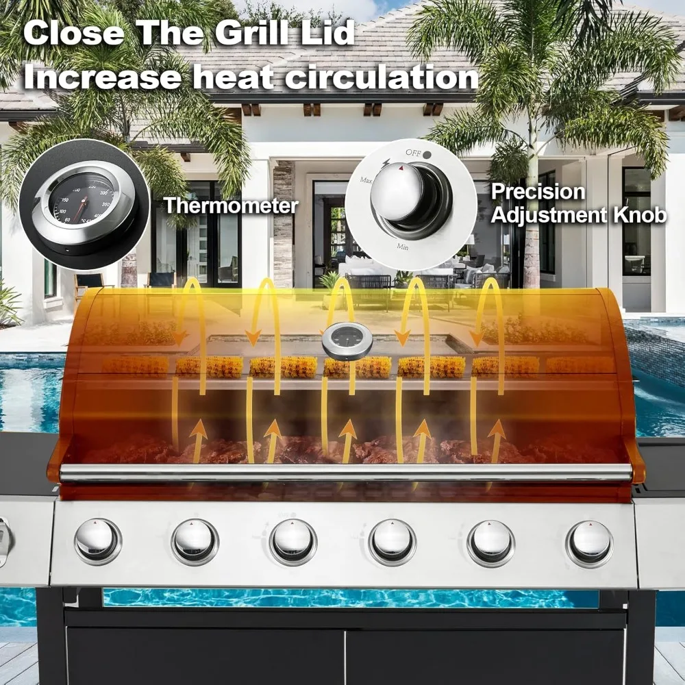 Upgraded 6 Burner Propane Gas Grill with Cast Iron Grates & Side Stove, 60,000 BTU Stainless Steel, BBQ Grills 6
