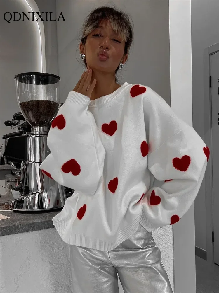 

2023 Autumn Winter Love Embroidery Women's Sweater New Knit Pullovers O-neck Loose Casual Fashion Y2k Woman Jumper Knitwears Top