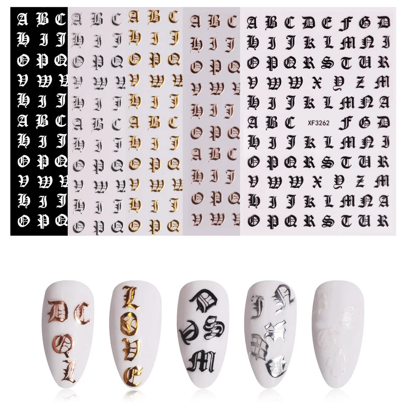 5pcs 3d Artistic English Alphabet Letters Stickers For Nails Esign Decals Sliders Decoration