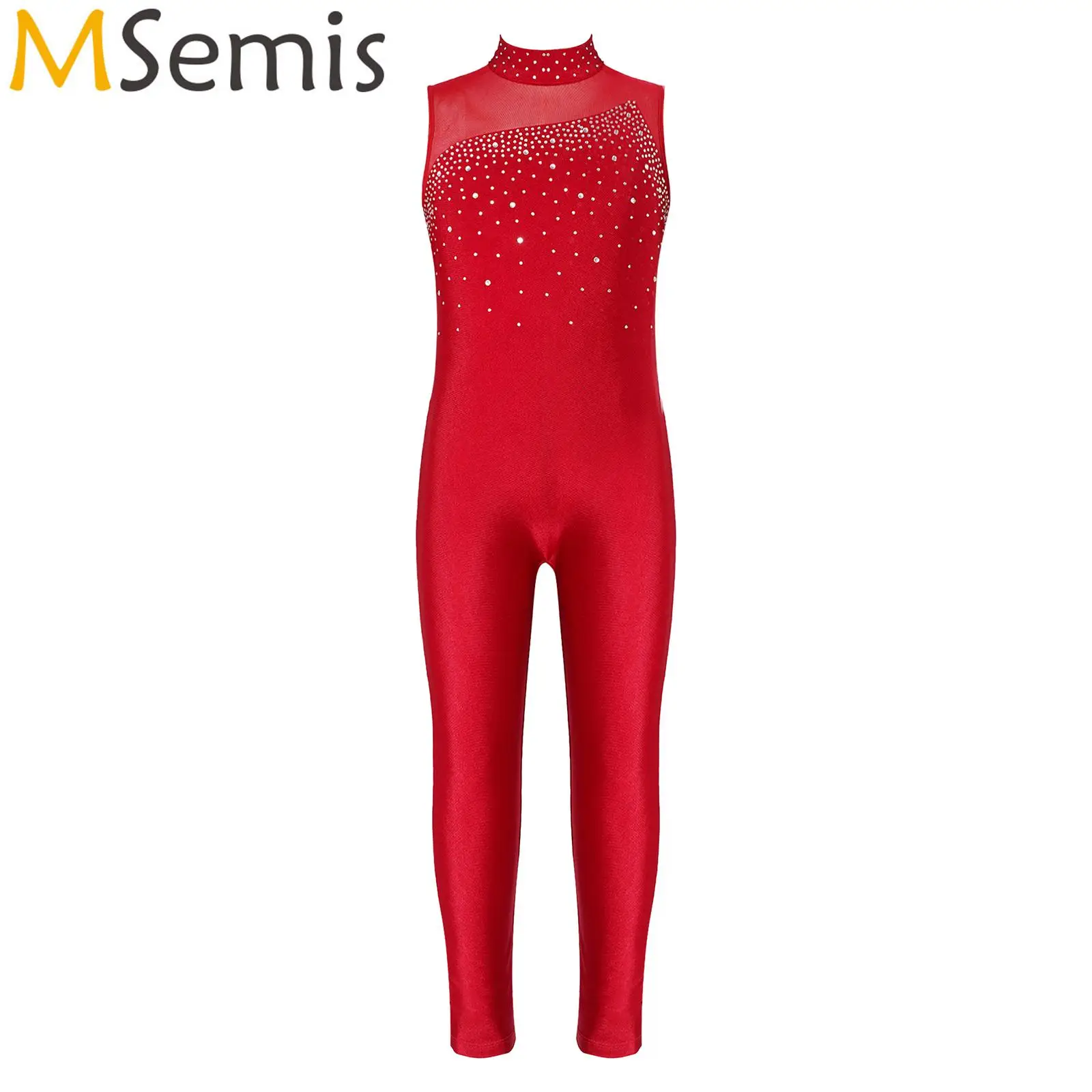 

Kids Girls Gymnastic Ballet Dance Leotards Figure Ice Skating Jumpsuit Sleeveless Round Neckline Rhinestone Unitard Dancewear