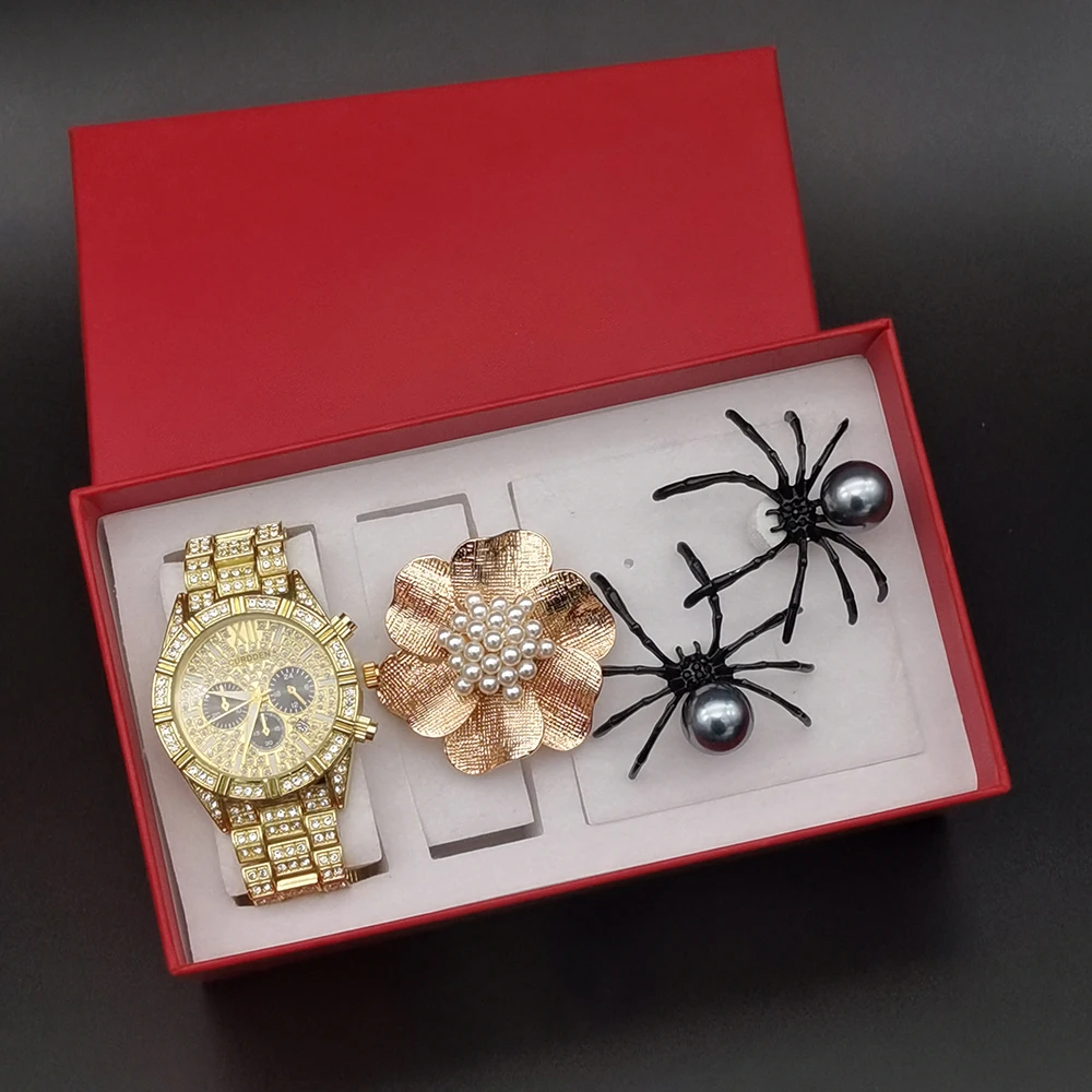 

4Pcs Luxury Women Steel Quartz Watches Hip Hop Shiny Crystal Wristwatch Reloj Muje Creative Metal Pearl Flower Ring Earrings