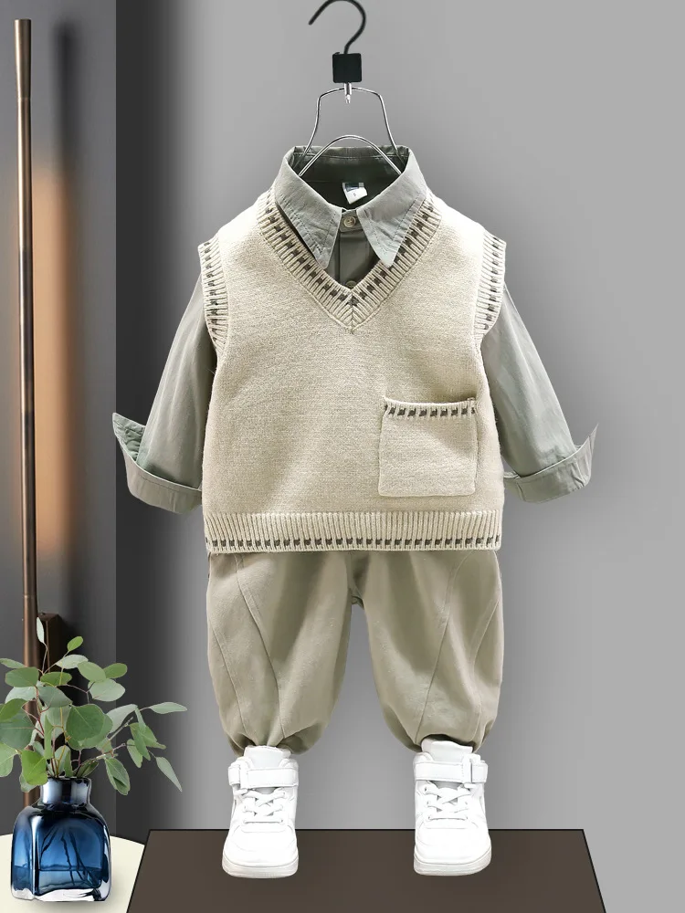 

New Hot Sale Boys Clothing Sets Children Sets Autumn Boys Leisure Suit Kids Cotton Knitted Waistcoat + Shirt+ Pants 3PCS Outfits