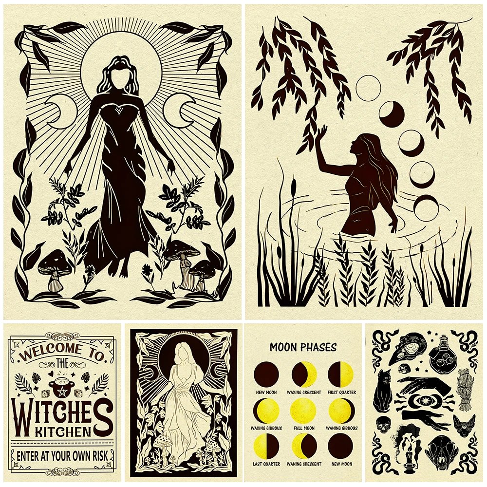 

Nature Witchy And Moon Phases Wicca Vintage Wall Art Canvas Painting Gothic Witch Home Art Poster And Print Decoration Unframed