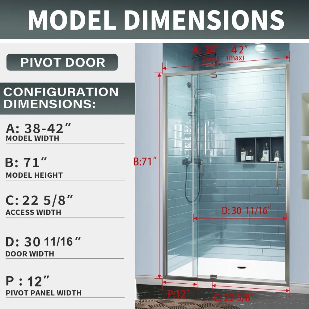 38-42" W x 71" H Swing Glass Shower Door,Pivot Semi-Frameless Glass Shower Door with 1/4"(6mm) Clear SGCC Tempered Glass 3