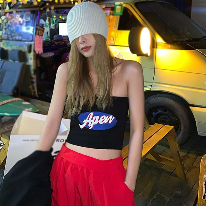 

Backless Sexy Tank Tops Woman Knit Letter Print Wrap Top Off Shoulder Crop Tops
