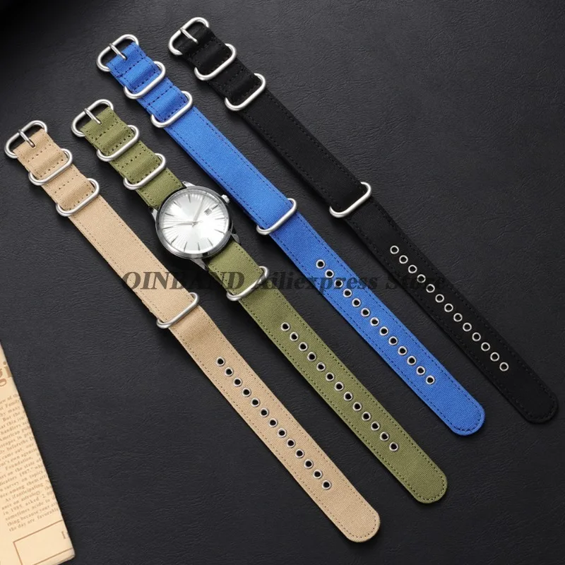 Military Nylon Watch Band with Silver Metal Ring Buckle - 18mm to 24mm Strap