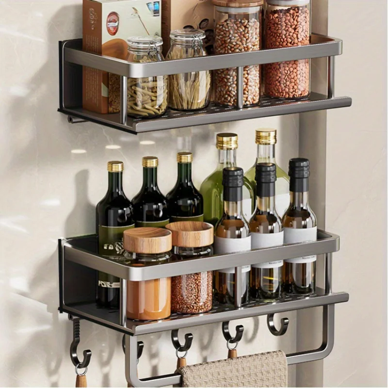 Description Picture 2 of itemKitchen Seasoning Rack Wall-Mounted Pepper Spices Storage Storage Shelf with Hook Rod Spade Towel Storage Kitchen Accessories