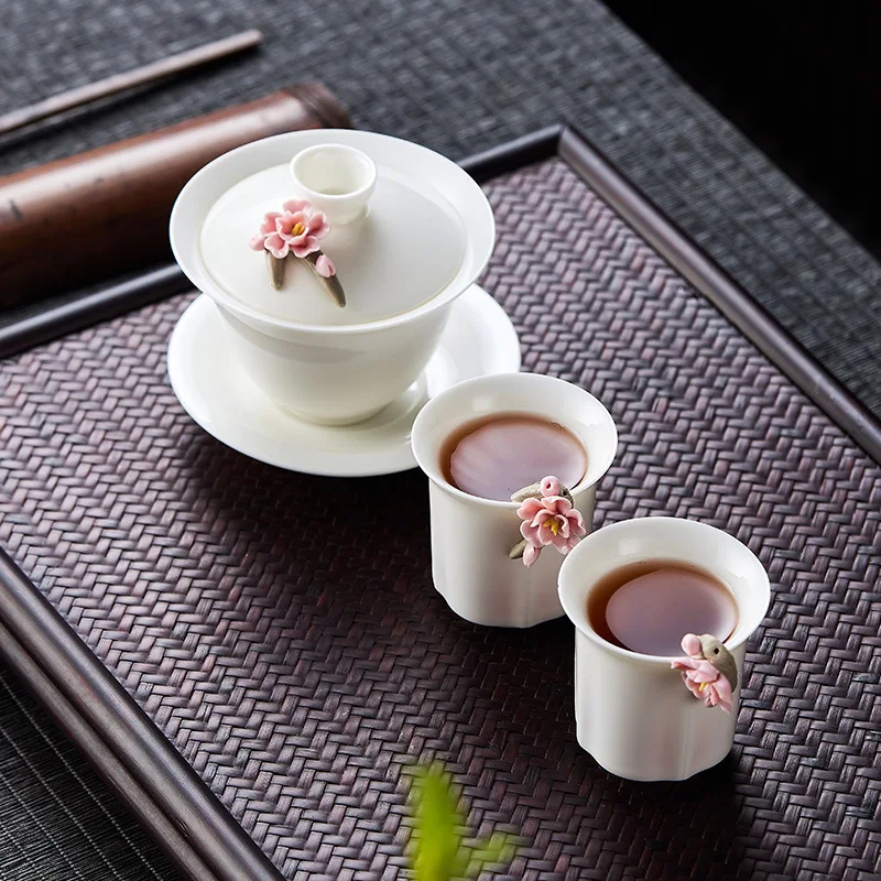 

High-grade White Porcelain Gaiwan Hand-pinching Flower Three Talents Cover bowl Tea Cup Set Household women Kung Fu TeaSet Gift