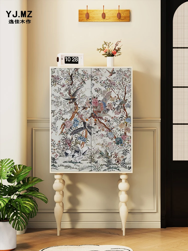 

Solid Wood Flower and Bird French Retro High-Leg Living Room Storage Cabinet