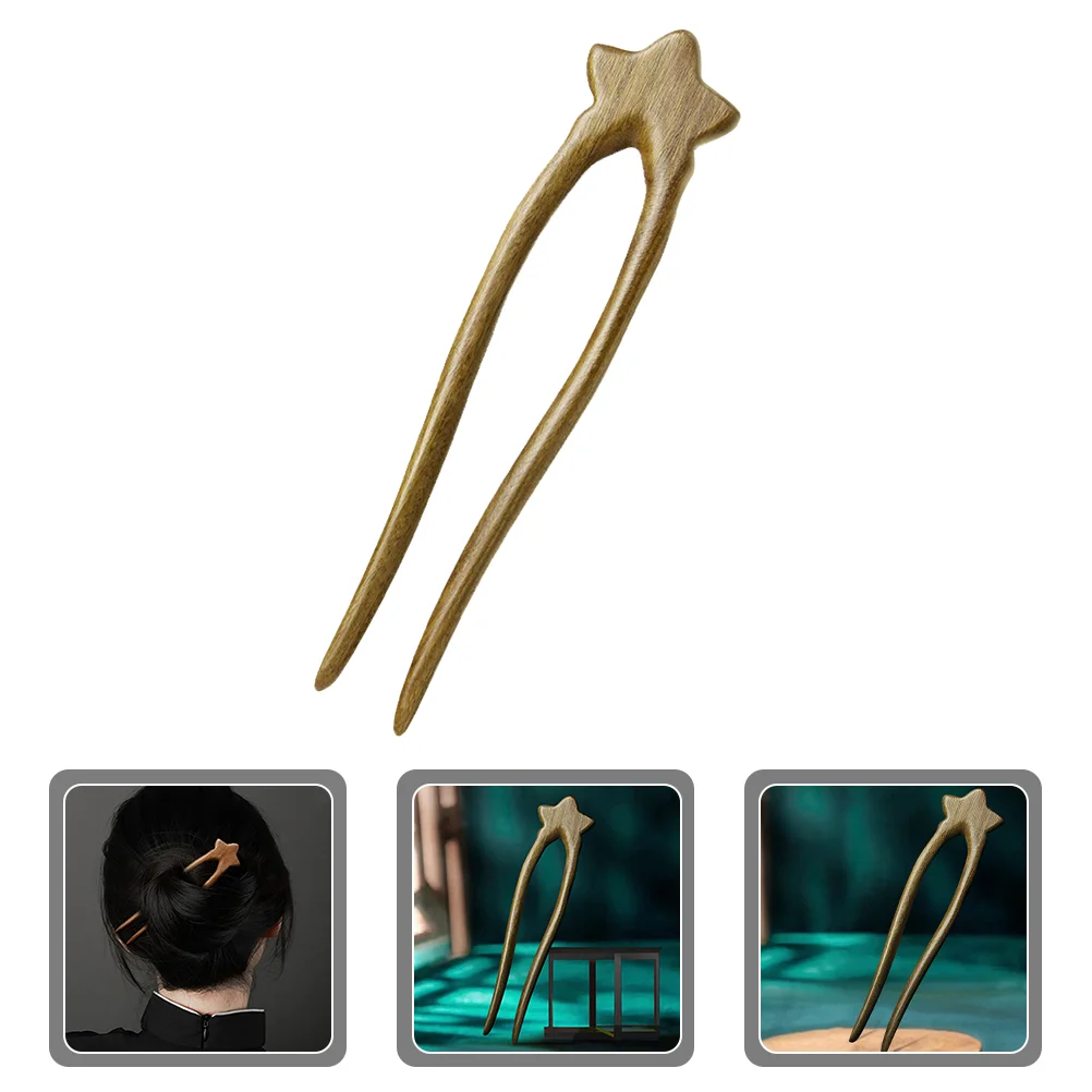 Green Sandalwood Star Double Hairpin Shaped Pins Wooden Sticks Lettering French Accessories for Thick Buns Chinese Miss 5