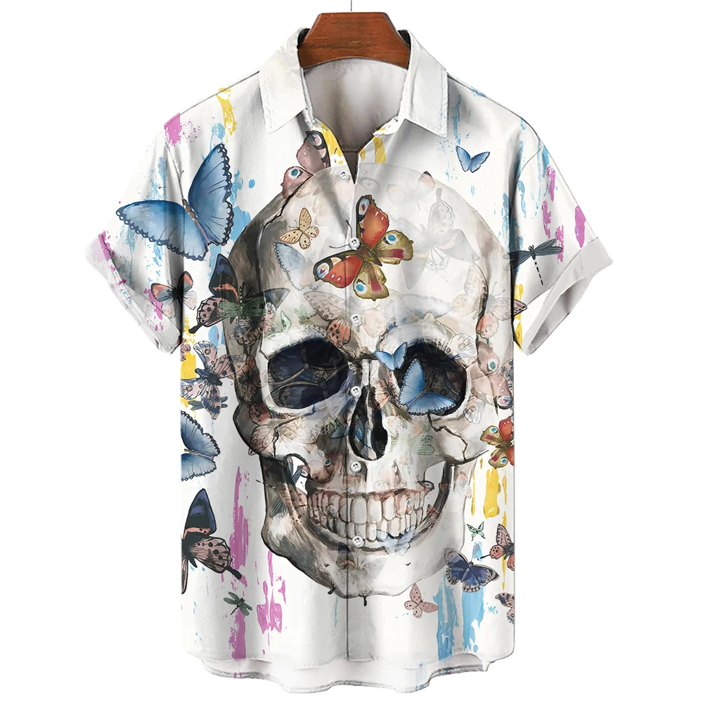 Horror Skull Shirt For Men Summer Turndown Henry Shirts Casual Button Hawaii Style Short Sleeve Men's Clothing Daily Streetwear