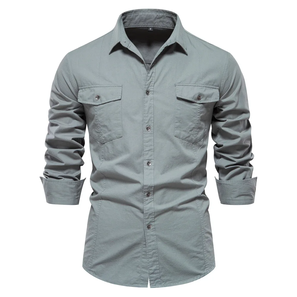 2023 Autumn New High Quality 100% Cotton Brand Men's Shirts Casual Fashion Solid Color Social Blouse Slim Black Shirt for Men