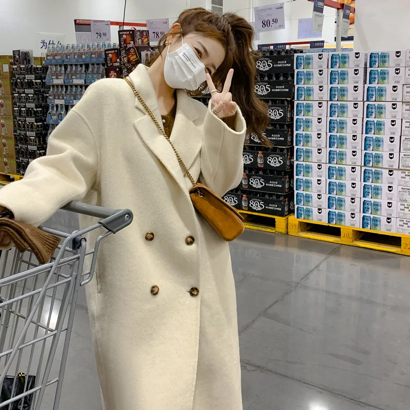 

2024 Casual Winter Women Fashion Turn Down Collar Solid Color Double Breasted Coat Outerwear Woolen Overcoat Jacket T328