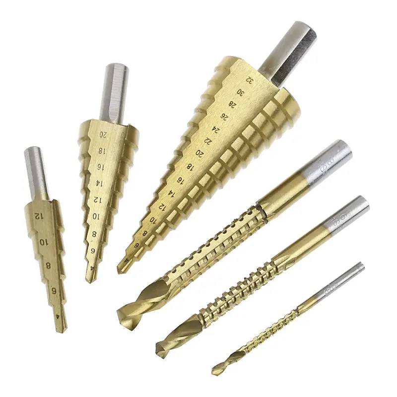 

6 Pcs/Set HSS Steel for Titanium Coated Step Drill Bit Hole Cutter 4-32mm Metal