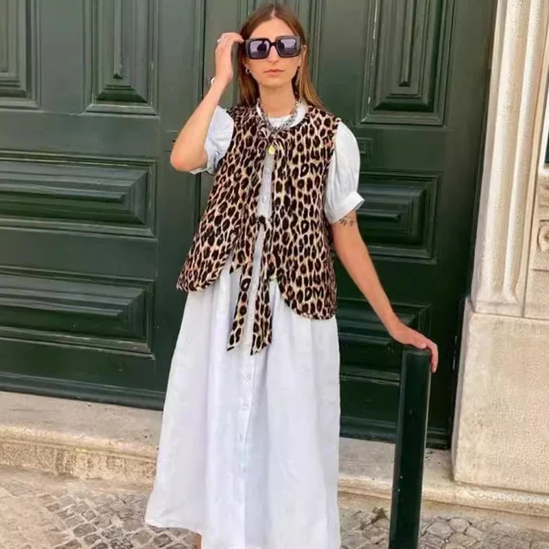 New Women's Fashion Leopard Print Vest Coat Trend Personality Bow Waistcoat Jacket Sleeveless Loose Cardigan Top Streetwear