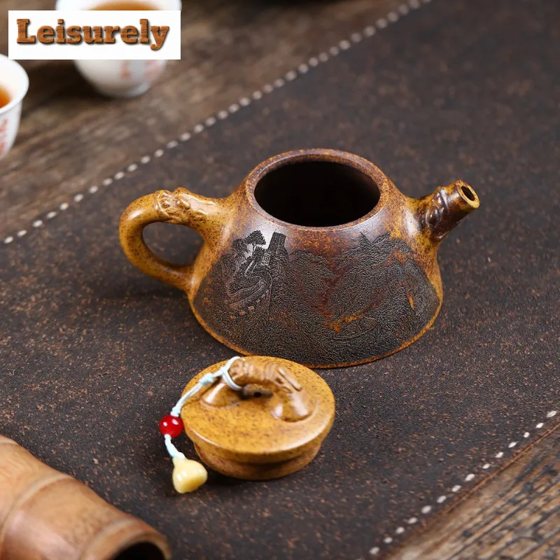 180ml Yixing Purple Clay Teapots Handmade Dragon Stone Scoop Pot Raw Ore The Keel Gold Sand Kettle With Strainer Zisha Tea Set