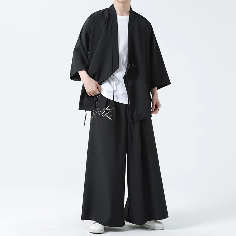 Mens Sets 3/4 Sleeved Cardigan Wide Leg Pants Male Suit 2 Pieces Japanese Style Plus Size M-5XL
