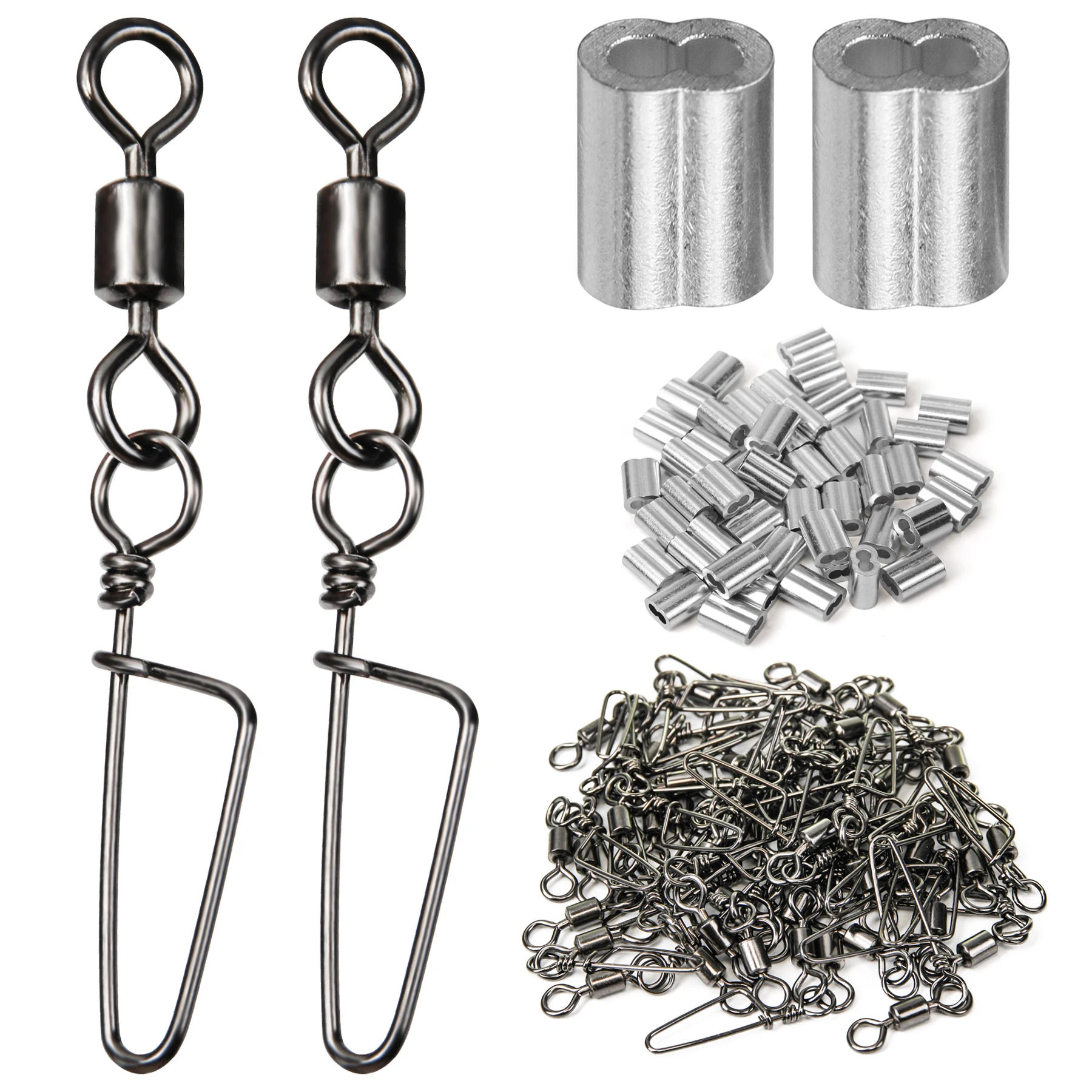 

GUGULUZA 100/150Pcs/Lot Stainless Steel Swivels Fishing Interlock Rolling Swivel With Hooked Snap Fish Hook Connector