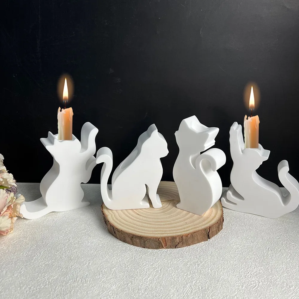 Kitten Candle Holder Mold Cute Cat Candlestick Silicone Mold Concrete Cement Plaster Candle Holder Tray Pottery Mould Home Decor